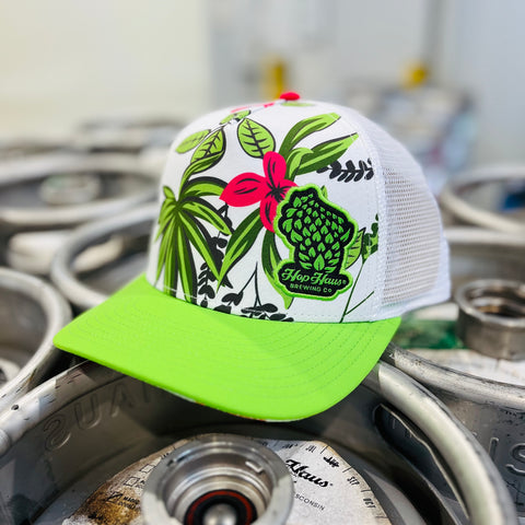 Green/pink tropics trucker hat